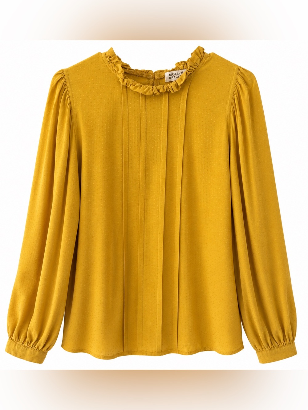 Molly Bracken Mustard Yellow Ruffle Neck Long Sleeve Blouse Women’s Size L